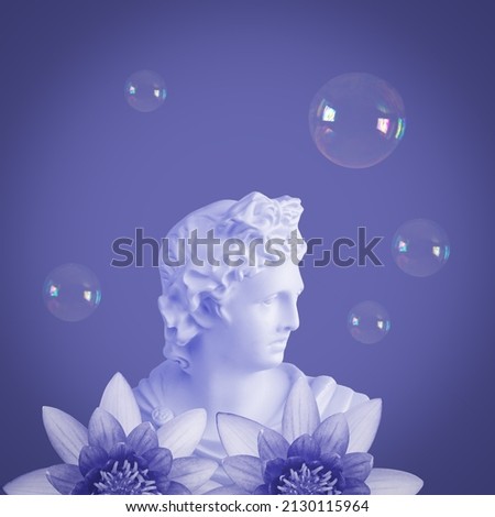 Apollo figurine in purple with soap bubbles. Collage of contemporary art. Minimalism.