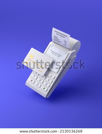 POS terminal with receipt and credit card. Very peri background. Cashless society concept. Digital transfer of money and data. 3d render illustration. Clipping path included