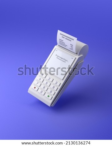 Icon of payment terminal on very peri background. POS terminal with receipt. Cashless society concept. Digital transfer of money and data. 3d render illustration. Clipping path included