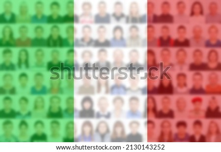 Portraits of many people on the background of the flag of Italy. The concept of the population and demographic state of the country.