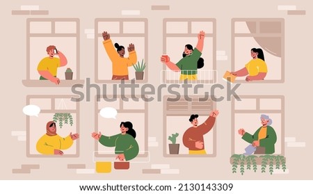 Different people in house windows. Concept of good neighbors, positive neighborhood community. Vector flat illustration of girls talking together, elderly woman watering plants, boy use phone Royalty-Free Stock Photo #2130143309