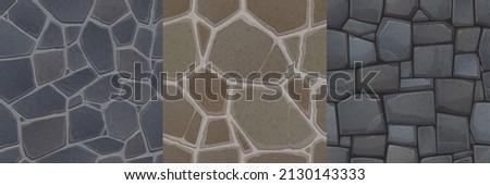 Textures of stone floor and wall for game background. Vector cartoon seamless patterns of top view of pavement or square with cobblestones and granite blocks in concrete Royalty-Free Stock Photo #2130143333