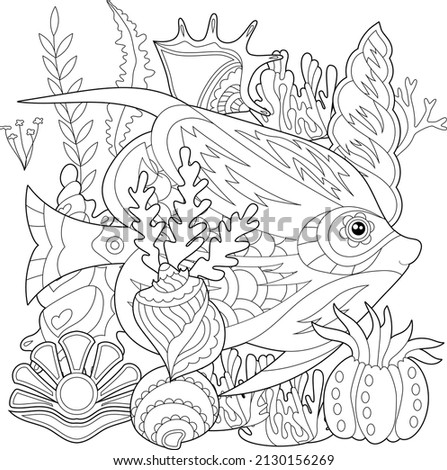 Contour linear illustration. Fish, seaweeds and ocean corals for coloring book. Cute objects, anti stress picture. Line art design for adult or kids in zentangle style and coloring page.