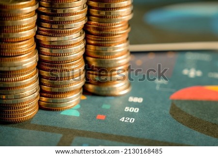 Pile of gold coins money stack in finance treasury deposit bank account saving . Concept of corporate business economy and financial growth by investment in valuable asset to gain cash revenue . Royalty-Free Stock Photo #2130168485