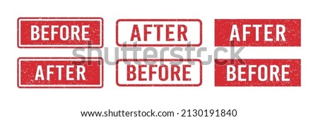 Before and after red grunge rubber stamps. Seals with words Before and After. Grunge vintage square labels. Set of vector illustrations isolated on white background. Royalty-Free Stock Photo #2130191840