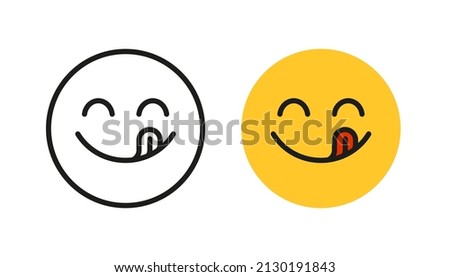 Yummy smile emoji with tongue lick mouth. Delicious tasty food symbol for social network. Yummy and hungry icon. Savory gourmet. Enjoy food sign. Vector illustration isolated on white background. Royalty-Free Stock Photo #2130191843