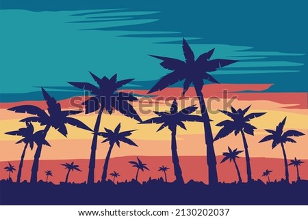 Summer beach plam trees with sunset background