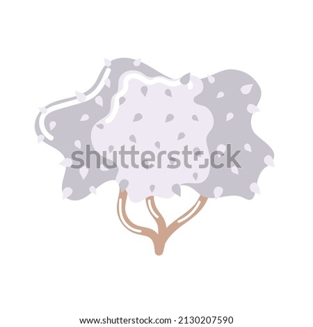 Hand drawn decorative double blue bush with leaves. Neutral color palette. Magic Bush. Childish illustration in flat cartoon style isolated on white background.