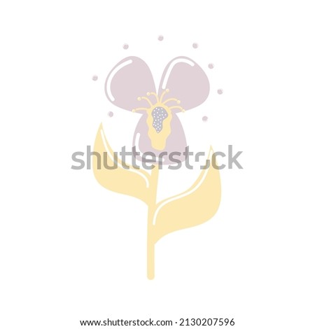 Magic fabulous flower of pink color with bubbles. Yellow leaves and stem. Children's illustration in a flat cartoon style. Flowers and plants in vector. Neutral colors. Isolated on white background.