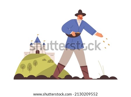 Medieval farmer sowing in ancient village. Historic life of peasant on farm, working on land. Countryman at agriculture work in Middle ages. Flat vector illustration isolated on white background Royalty-Free Stock Photo #2130209552