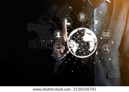Business man hiold, use,press infographic icon of community technology digital.Concept of hi tech and big data. Global connection.IoT Internet of Things . ICT Information Communication Network