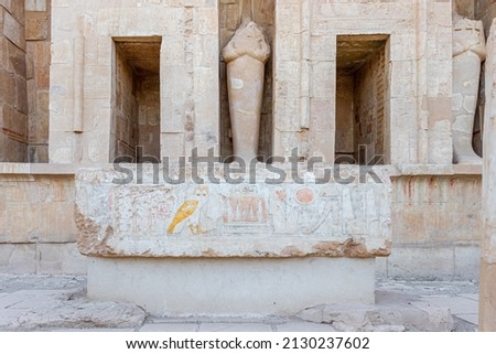 Ancient Egyptian engravings at Mortuary Temple of Hatshepsut in Egypt
