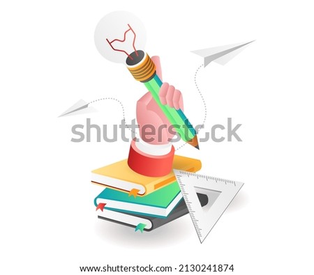 Flat isometric concept illustration. hold the idea light pencil above the book