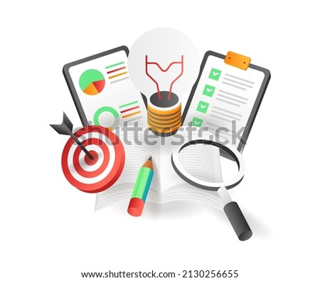 Flat isometric illustration concept. book analysis ideas with business targets