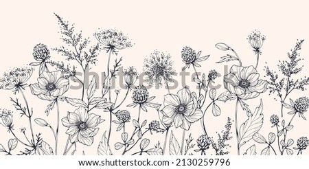 Luxury botanical background with trendy wildflowers and minimalist flowers for wall decoration or wedding. Hand drawn line herb, elegant leaves for invitation save the date card. Botanical rustic Royalty-Free Stock Photo #2130259796
