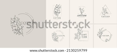Cotton plant logo and branch. Hand drawn line wedding herb, elegant leaves for invitation save the date card. Botanical rustic trendy greenery Royalty-Free Stock Photo #2130259799
