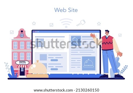 Hotel online service or platform. Tourism service, hotel stuff servicing tourists. Booking apartment for vacation abroad. Website. Flat vector illustration