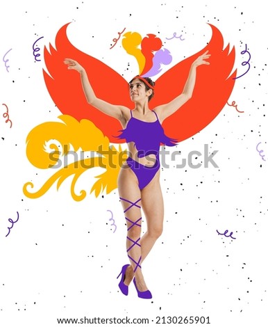 Firebird. Contemporary art collage with beautiful young woman in drawn colorful carnival peacock costume isolated on white background. Concept of festival, holidiays, art, fashion, creativity. Artwork