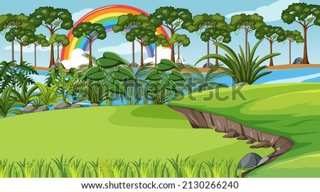 Nature forest scene with rainbow in the sky illustration