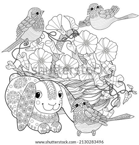 Art therapy coloring page. Coloring Book for children and adults. Basket, bunny and birds. The art of linear engraving. Cute  background for wallpaper, gift paper, pattern fills, textile, greetings ca
