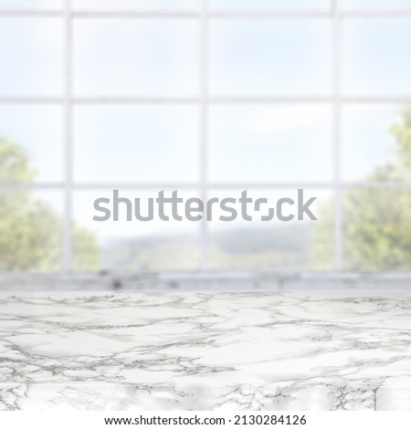 White marble desk and spring window background. Free space for your decoration. 