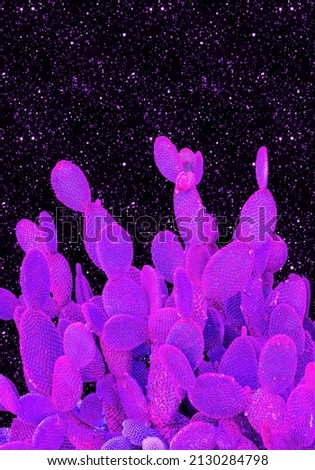 Contemporary minimal collage art. Mix of photos and texture  Surreal minimalist stylish  purple Cactus in space