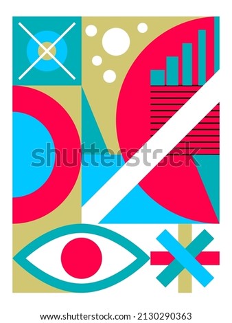 Bauhaus style poster with geometric shapes. Background with circle, triangle, square. Swiss retro design. Poster on wall