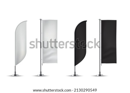 The layout of the flag of different shapes. Banner flag templates. A set of vector advertising flags. Black and white empty vertical flags. Realistic vector illustration. Royalty-Free Stock Photo #2130290549