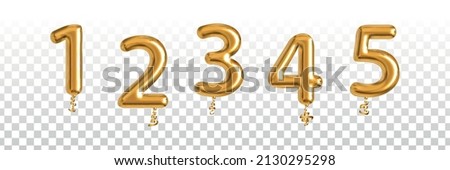 Vector realistic isolated golden balloon of 1, 2, 3, 4 and 5 on the transparent background.