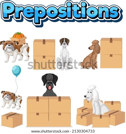 Preposition wordcard with dogs and boxes illustration