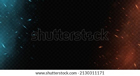 Realistic blue and orange flame with sparks isolated on dark transparent background. Abstract design elements for template. Magic fire with glowing dust. Light effect. Vector illustration. EPS 10