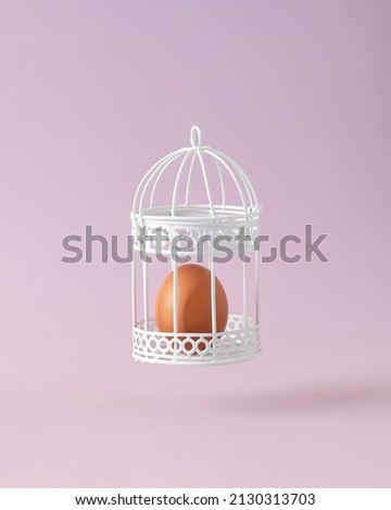 Natural Easter egg in white bird cage against pink background. Creative freedom or human rights concept. Minimal prison composition.