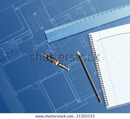 vector realistic illustration with blueprint, ruler and pencil