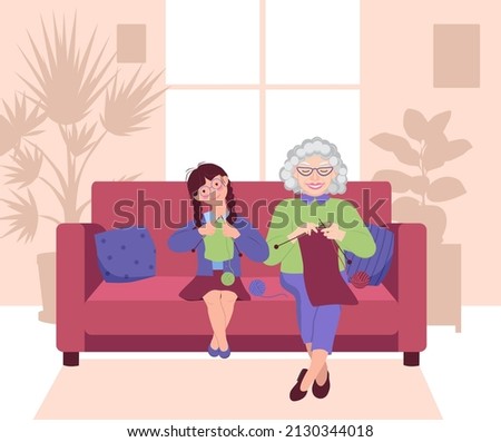 Grandmother and granddaughter are knitting together, sitting on the couch. Elderly woman teaches a little girl to knit. Window and silhouettes of potted flowers in the background. Vector illustration