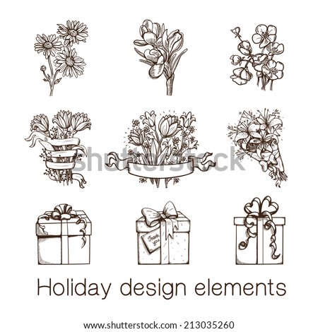 Holiday design elements. Presents and flowers sketch collection. Eps 10 vector illustration