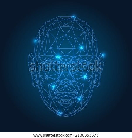 Polygons scan face. Faces unlocked scanner identity grid, digital head-on scanning technology, human head 3d triangulars interactive biometric, vector facial polygonal mesh Royalty-Free Stock Photo #2130353573