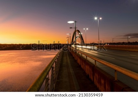 Dawn at JK Bridge in Brasília, Brazil. Shore of Lake Paranoá. Cityscape.