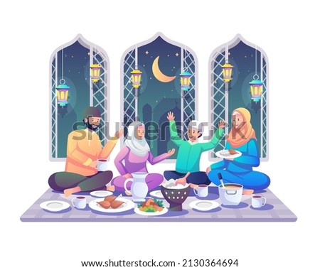 Muslim Family eating Iftar after fasting. Enjoying Ramadan Kareem Mubarak together in happiness during fasting. Flat style vector illustration