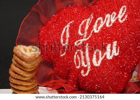 Very Close-Up, Hearts Shaped Biscuit Stack with Red Heart In Text I Love You
