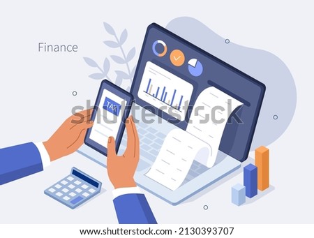 Finance isometric. Financial consultant or advisor calculating invoices and filling tax declaration for tax return. Accounting and taxation concept. Vector illustration. Royalty-Free Stock Photo #2130393707