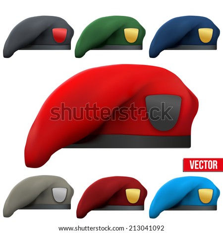 Set of Military colorful Berets of Army Special Forces with empty emblems. Vector Illustration. Isolated on white background.