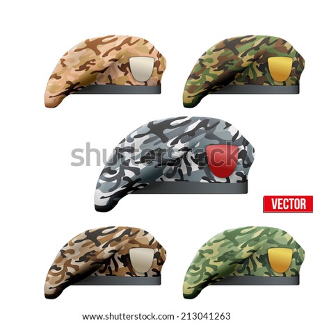 Set of Military Beret with camouflage texture of Army Special Forces. Vector Illustration Isolated on white background.