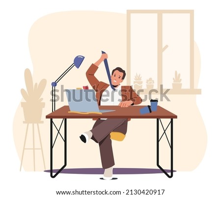 Overwork Tired Worker Character Burnout, Tiredness Fatigue and Depression. Overload Businessman Choke himself with Tie Sitting at Working Place with on Computer in Office. Cartoon Vector Illustration