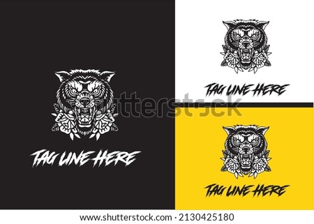 logo design of head wolf and rose vector black and white
