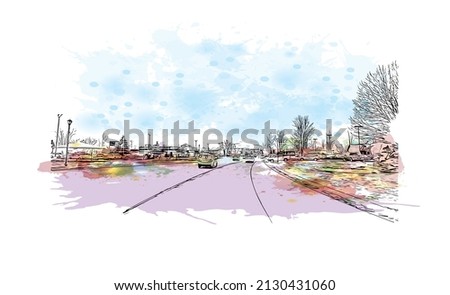 Building view with landmark of Mishawaka is the 
city in Indiana. Watercolor splash with hand drawn sketch illustration in vector.
