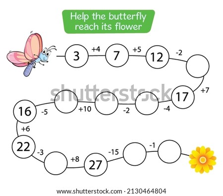 mathematics worksheet for kids, Write missing numbers, educational games, caterpillar kids design, vector, butterfly mathematics games