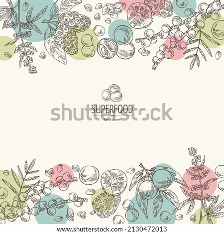Background with super food: cannabis seeds, acai berries, noni fruit,  camu camu. Super food. Vector hand drawn illustration. Royalty-Free Stock Photo #2130472013
