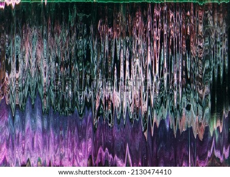 Glitch art. Static noise texture. Matrix distortion. Distressed monitor. Purple green color gradient vibration fuzzy artifacts on dark black creative background.
