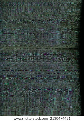 Digital glitch. Pixel noise texture. Electronic defect. Computer virus. Green pink color static distortion artifact pattern on dark black abstract background.