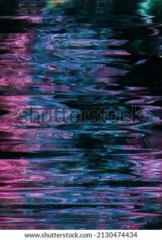 Glitch abstract background. Noise texture. Grunge layer. Distressed monitor. Pink blue color gradient fuzzy distortion artifacts on dark black creative poster.